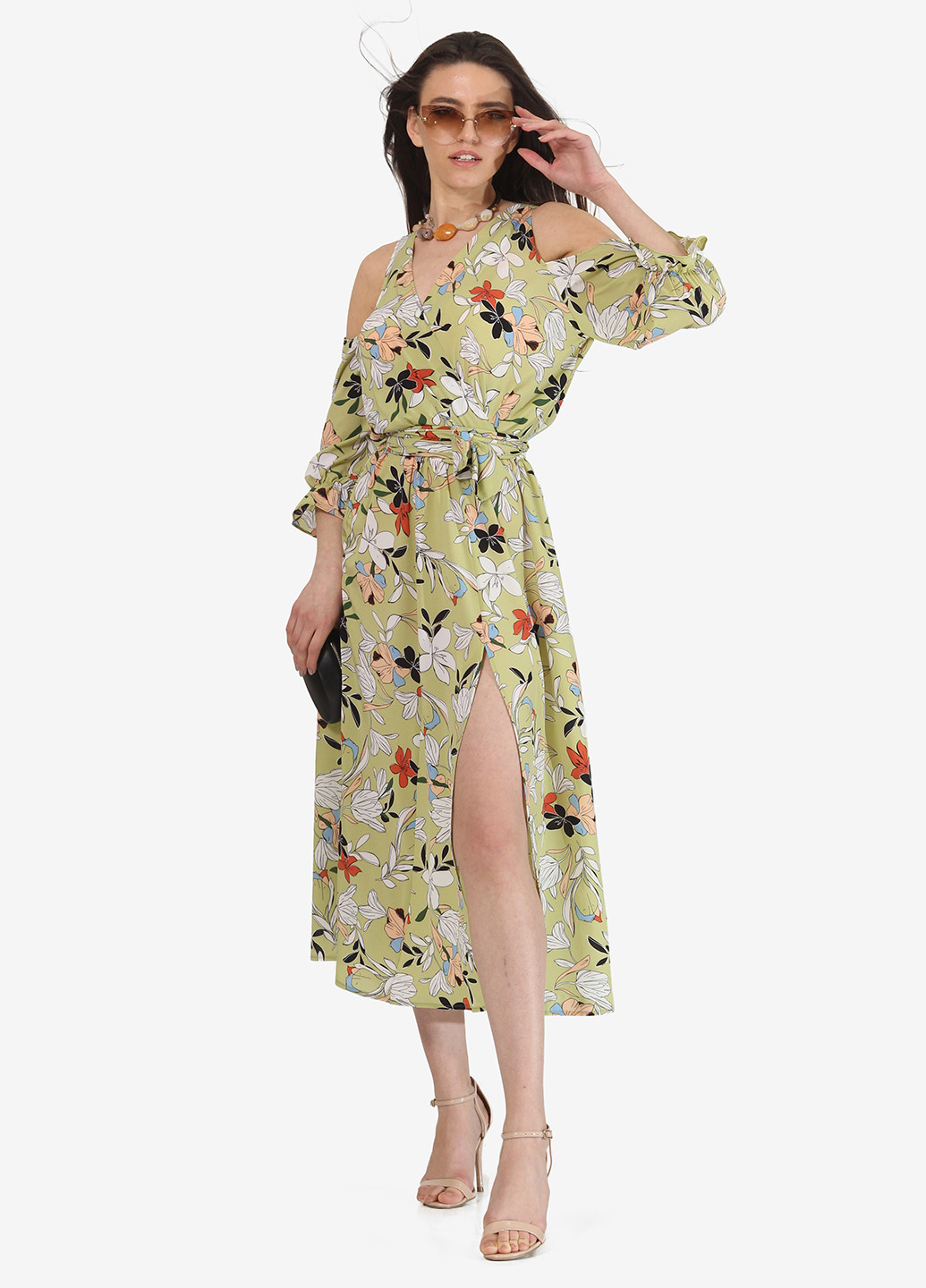 Оливковое кэжуал платье клеш Lila Kass с цветочным принтом
