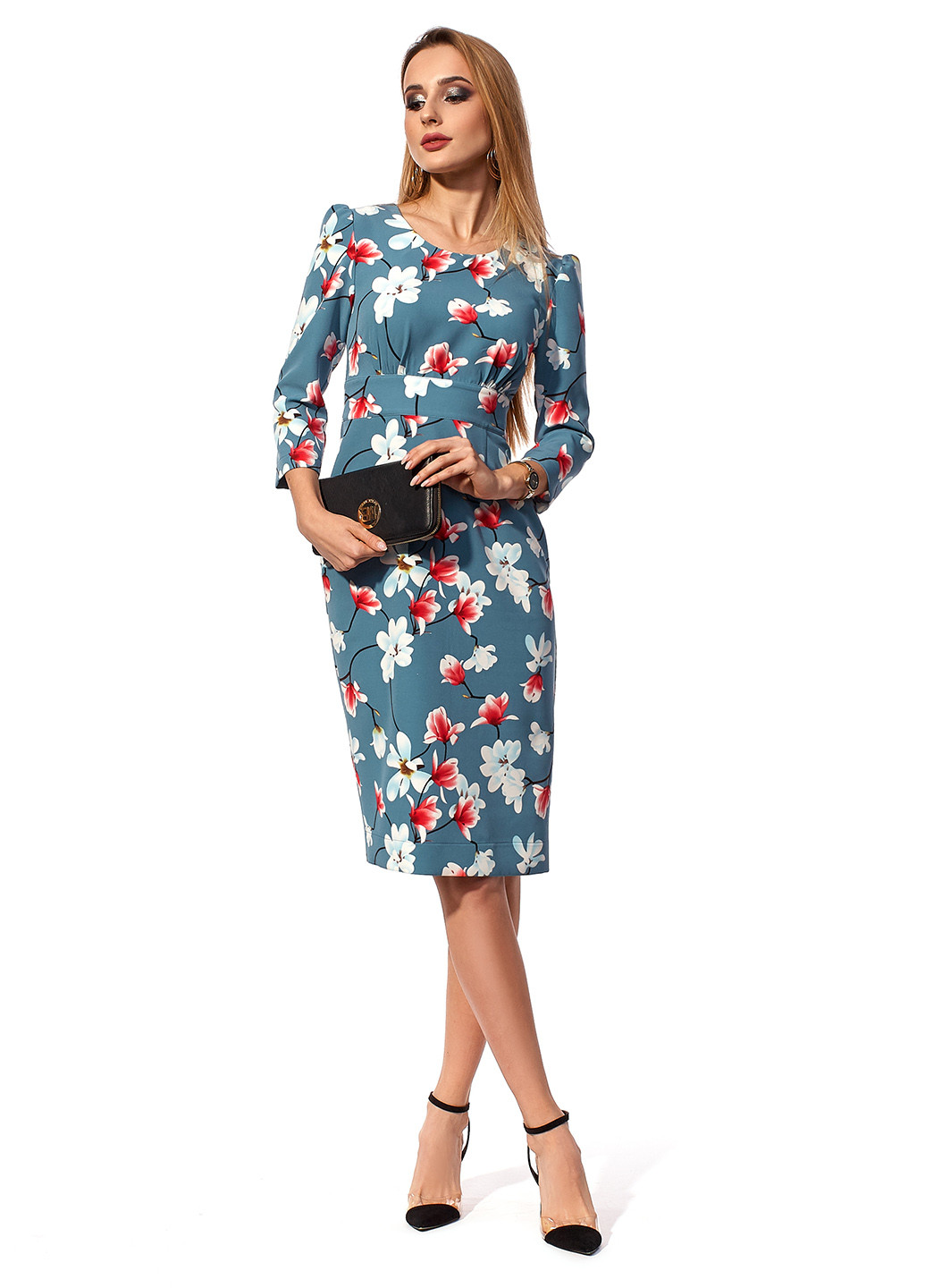 Голубое кэжуал платье футляр SL-Fashion с цветочным принтом