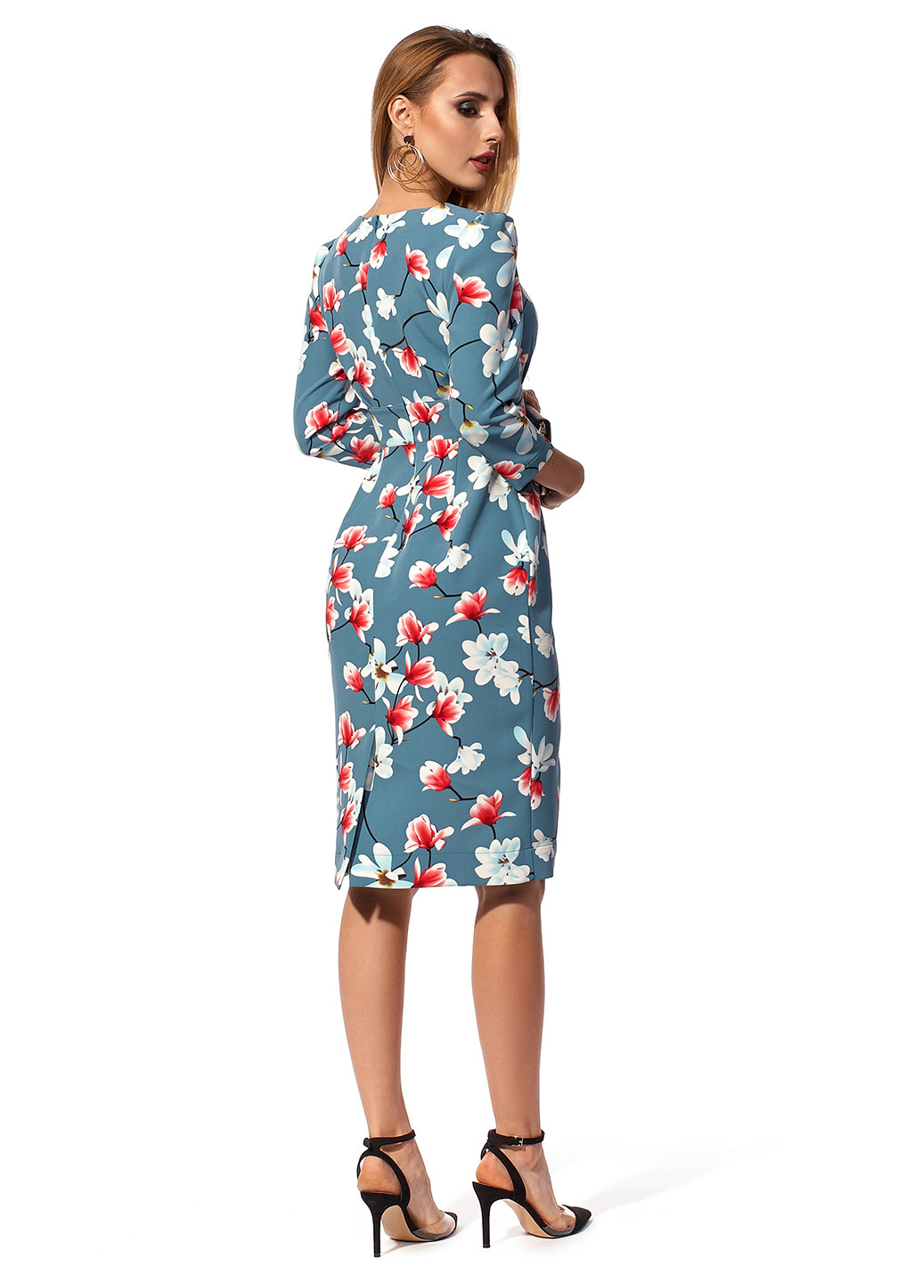 Голубое кэжуал платье футляр SL-Fashion с цветочным принтом