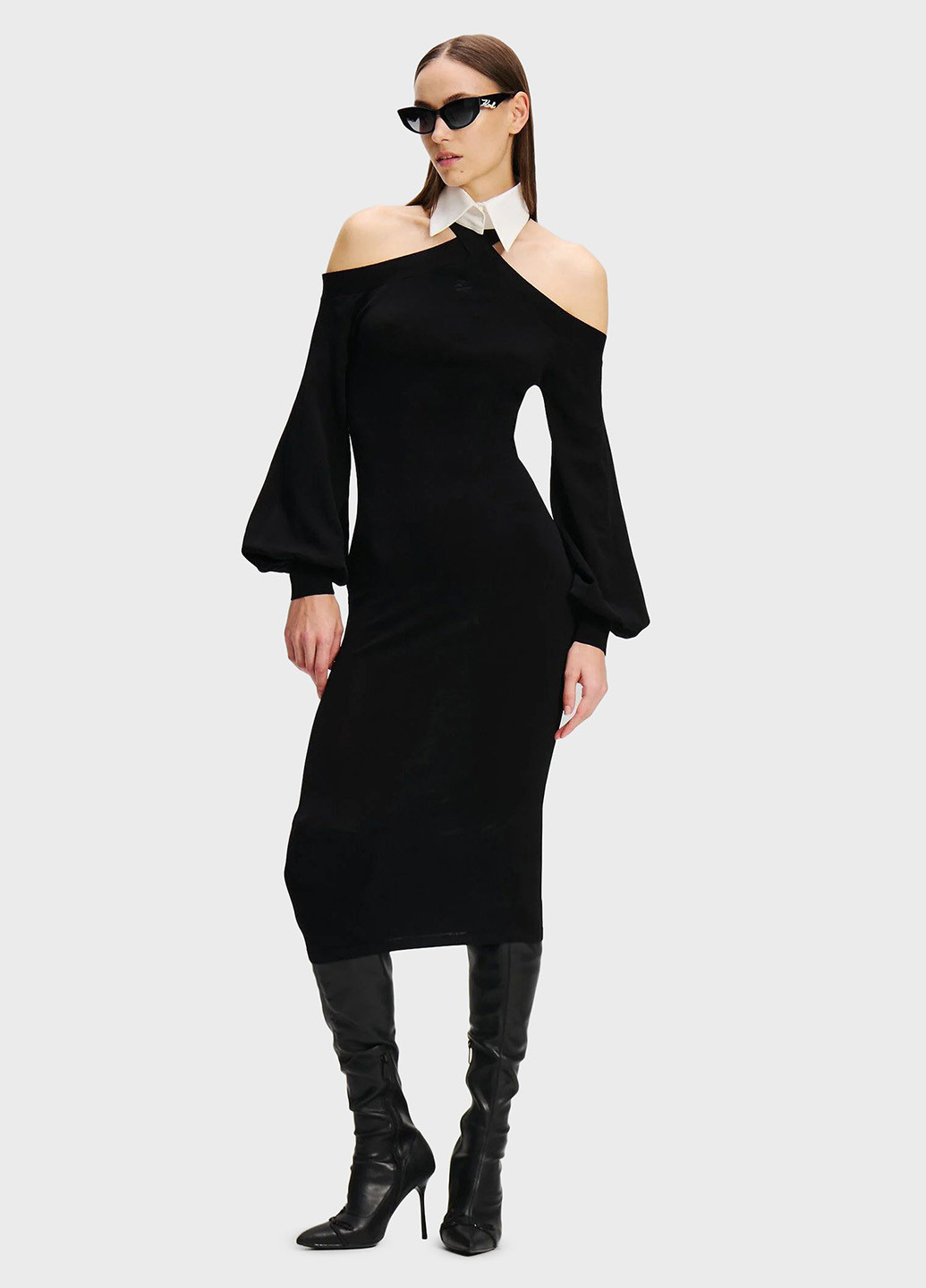 Черное вечернее платье с открытыми плечами, силуэтная Karl Lagerfeld однотонное