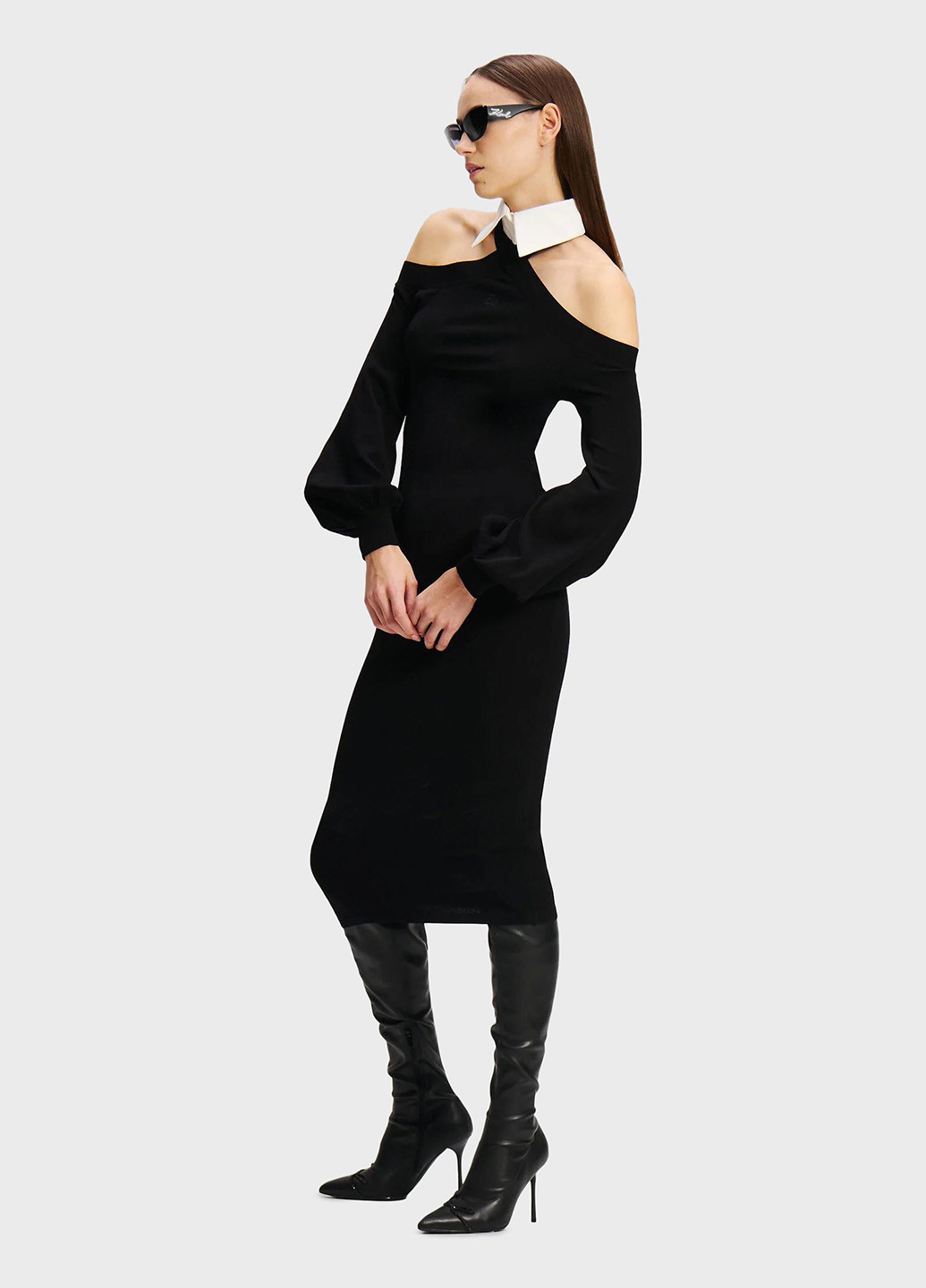 Черное вечернее платье с открытыми плечами, силуэтная Karl Lagerfeld однотонное