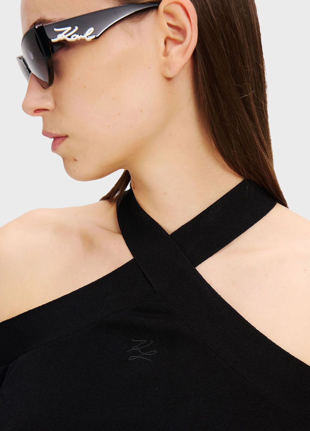 Черное вечернее платье с открытыми плечами, силуэтная Karl Lagerfeld однотонное