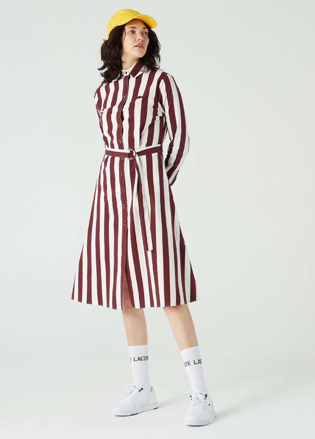 Бордовое кэжуал платье рубашка Lacoste в полоску