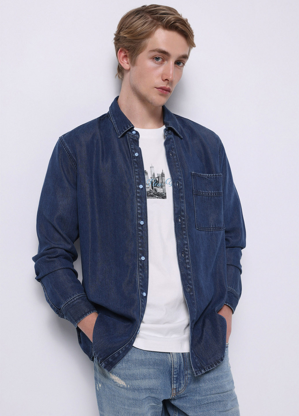 Синяя кэжуал рубашка однотонная Colin's