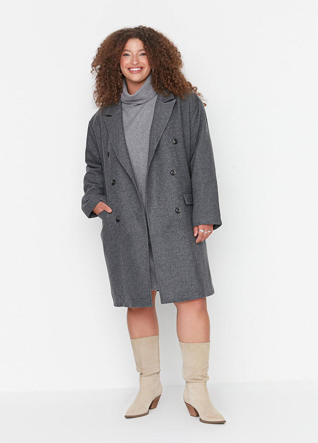 Темно-сіре демісезонне Пальто двобортне Trendyol