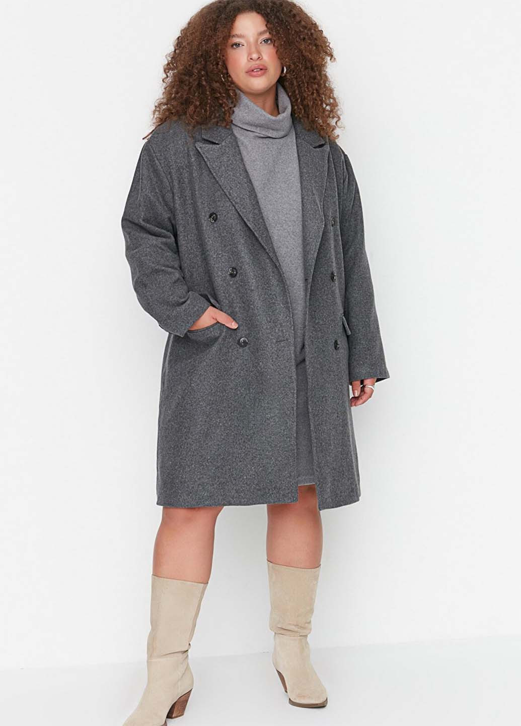 Темно-сіре демісезонне Пальто двобортне Trendyol