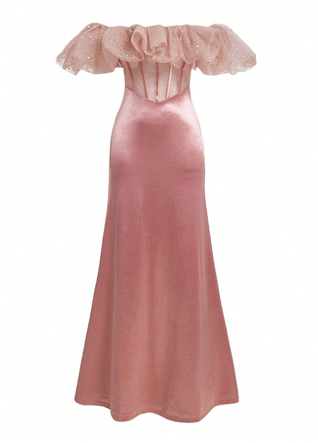 Розовое вечернее платье с открытыми плечами, с корсетом SHEIN однотонное