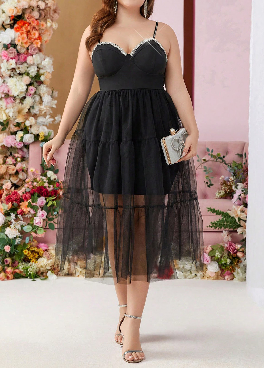 Черное вечернее платье а-силуэт SHEIN однотонное