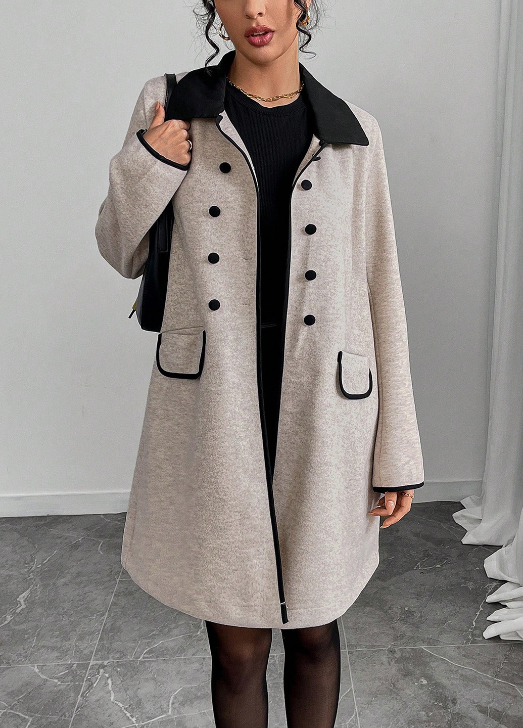 Сіро-бежеве демісезонне Пальто двобортне SHEIN