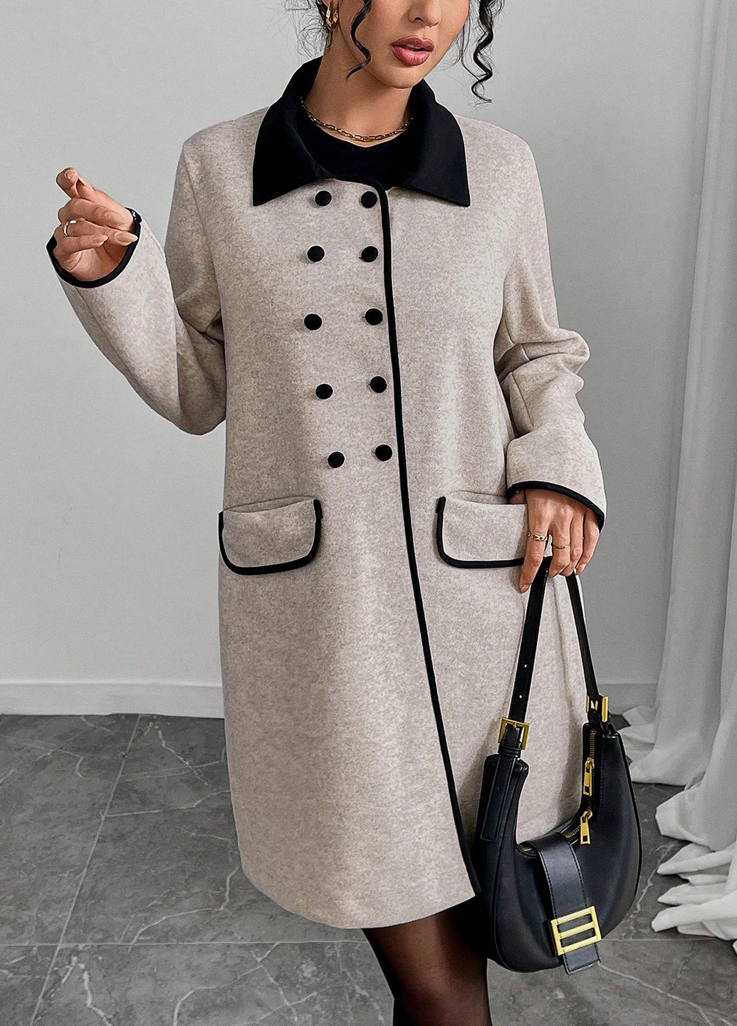 Сіро-бежеве демісезонне Пальто двобортне SHEIN