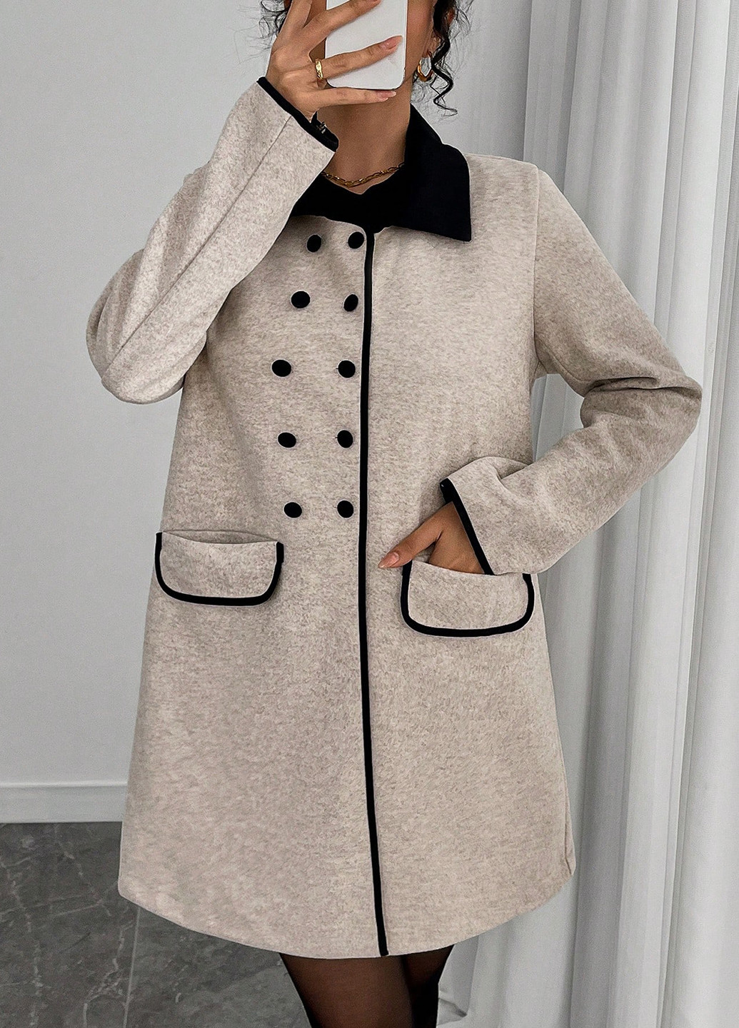 Сіро-бежеве демісезонне Пальто двобортне SHEIN