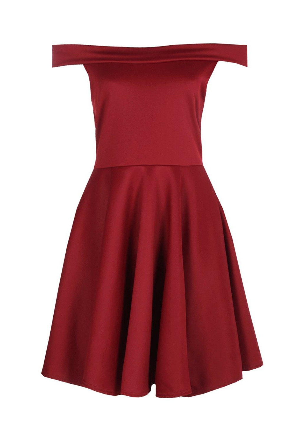 Бордовое кэжуал платье с открытыми плечами, клеш Boohoo однотонное