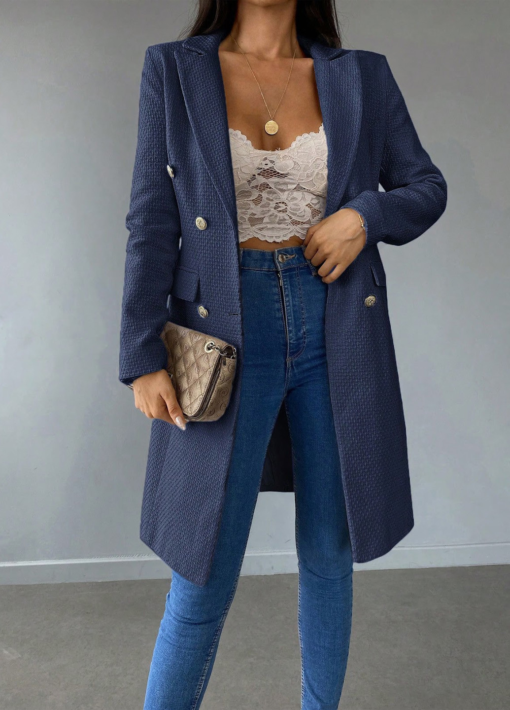 Темно-синее демисезонное Пальто двубортное SHEIN