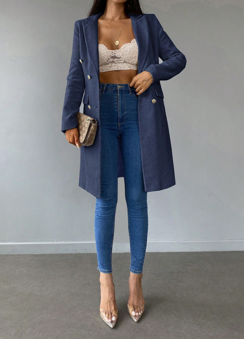 Темно-синее демисезонное Пальто двубортное SHEIN