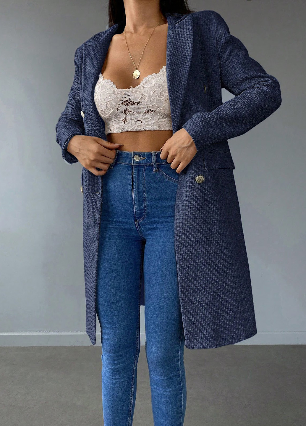 Темно-синее демисезонное Пальто двубортное SHEIN