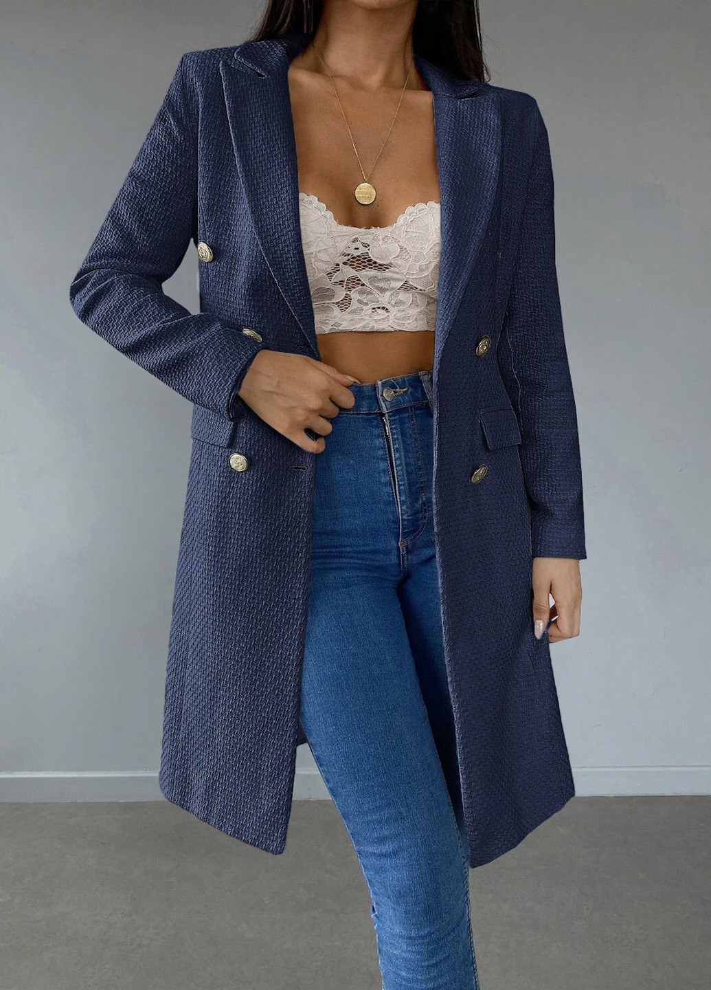 Темно-синее демисезонное Пальто двубортное SHEIN