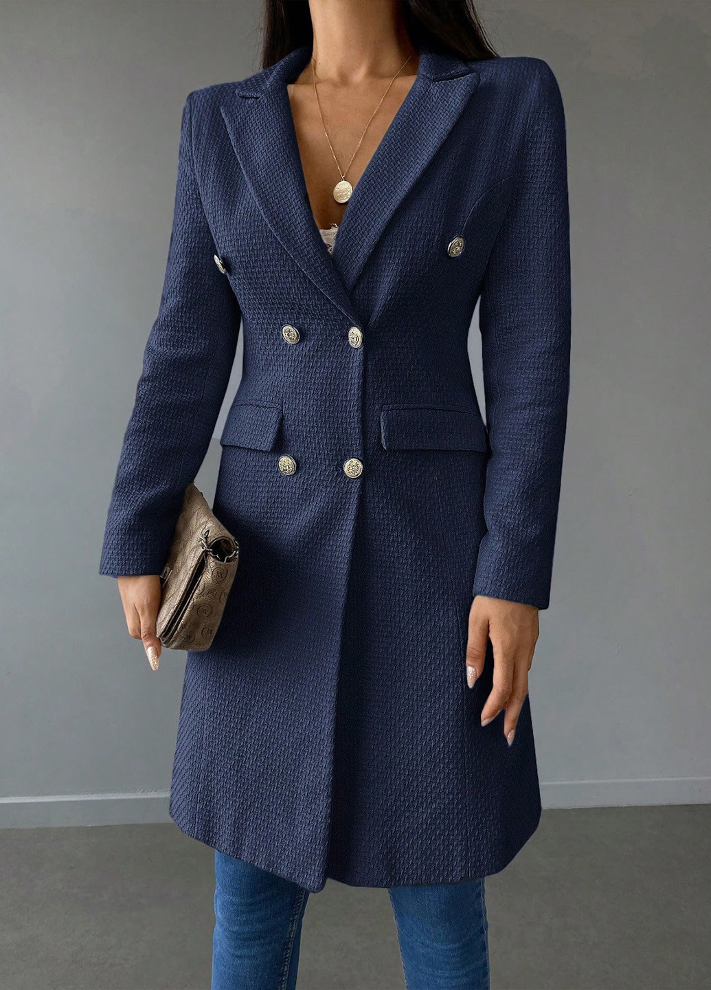 Темно-синее демисезонное Пальто двубортное SHEIN