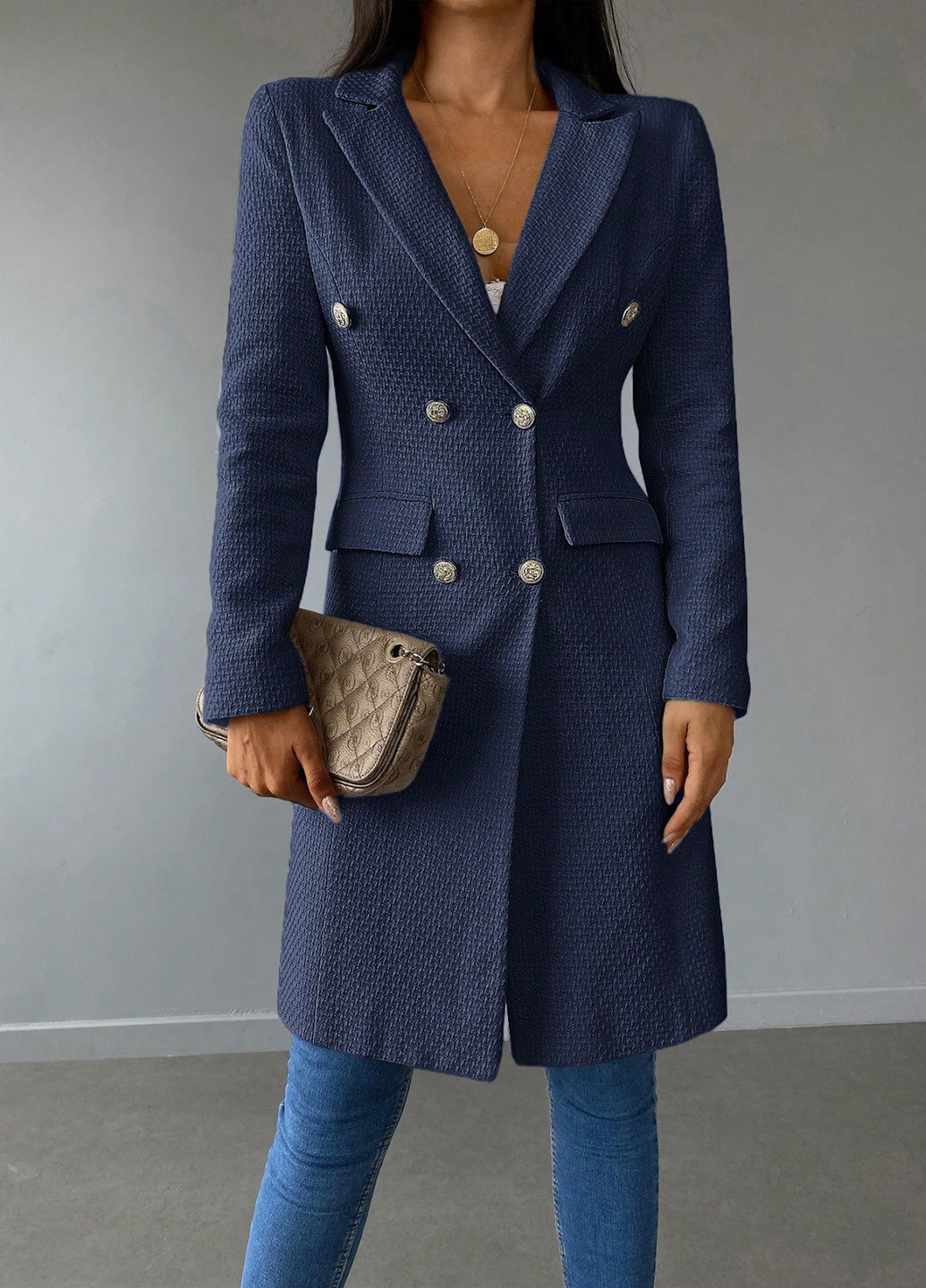 Темно-синее демисезонное Пальто двубортное SHEIN