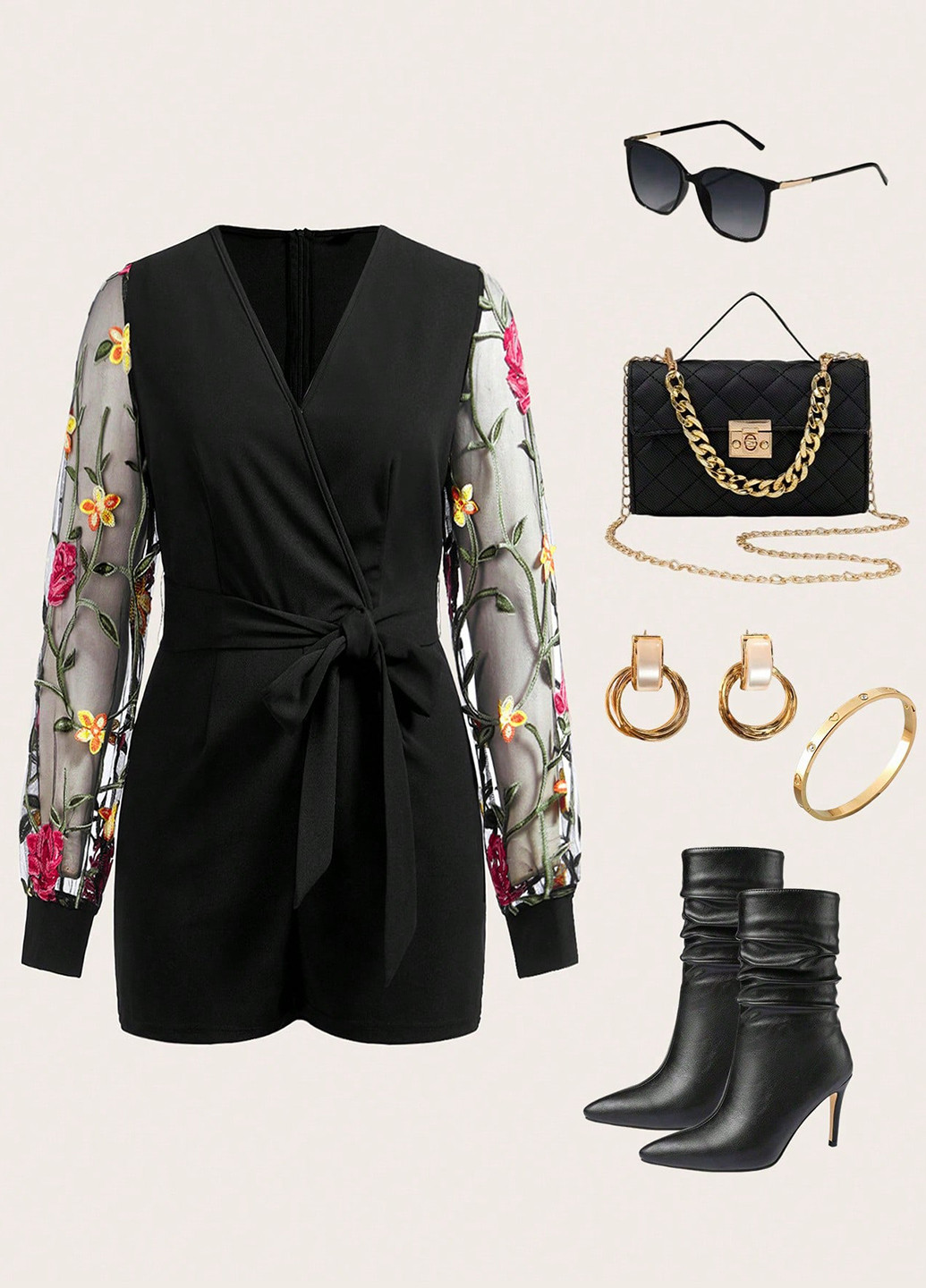 Комбінезон SHEIN комбінезон-шорти квітковий чорний кежуал поліестер