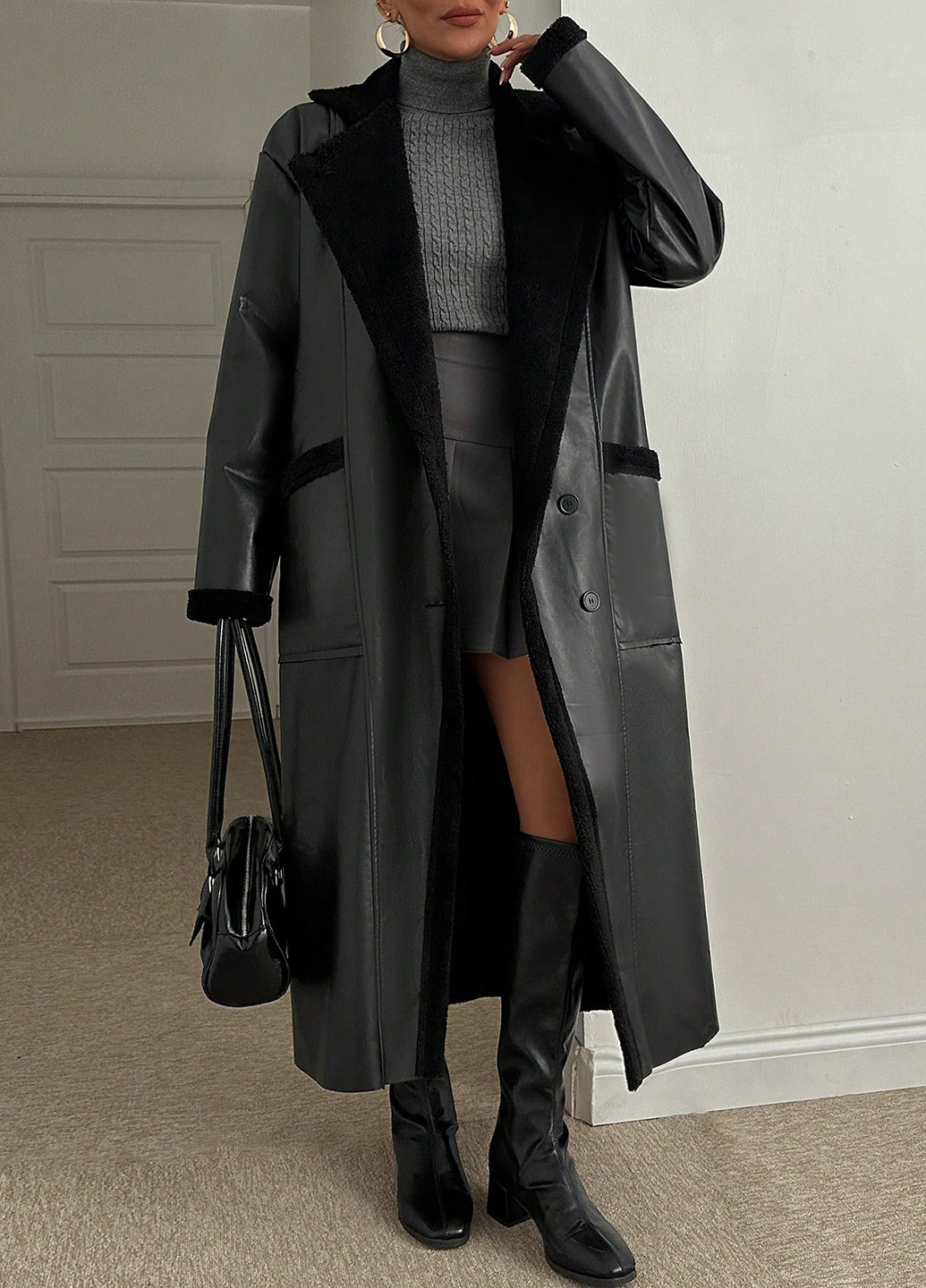 Чорне демісезонне Пальто двобортне SHEIN