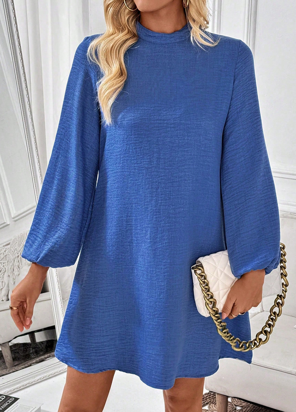 Темно-голубое кэжуал платье а-силуэт SHEIN однотонное