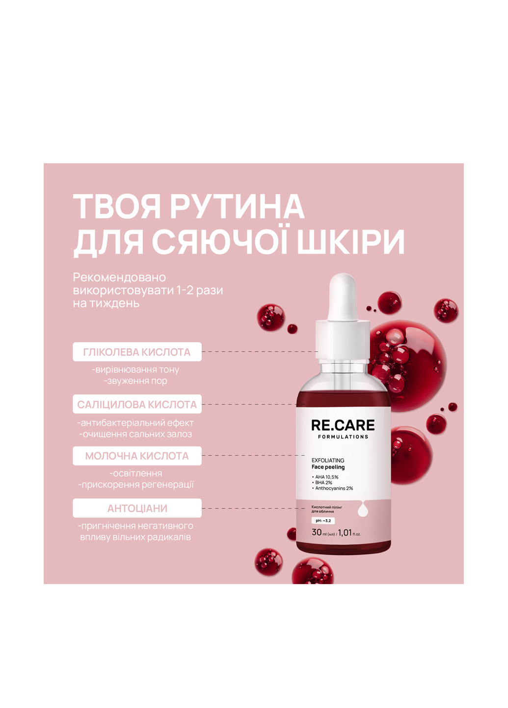 Кислотний пілінг для обличчя, 30 мл Re.Care (304726896)