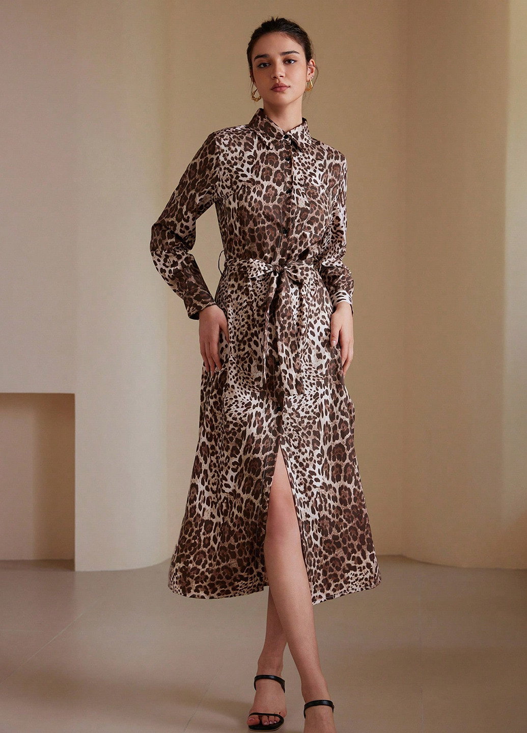 Коричневое праздничный, вечернее, деловое, кэжуал платье а-силуэт, рубашка SHEIN леопардовый