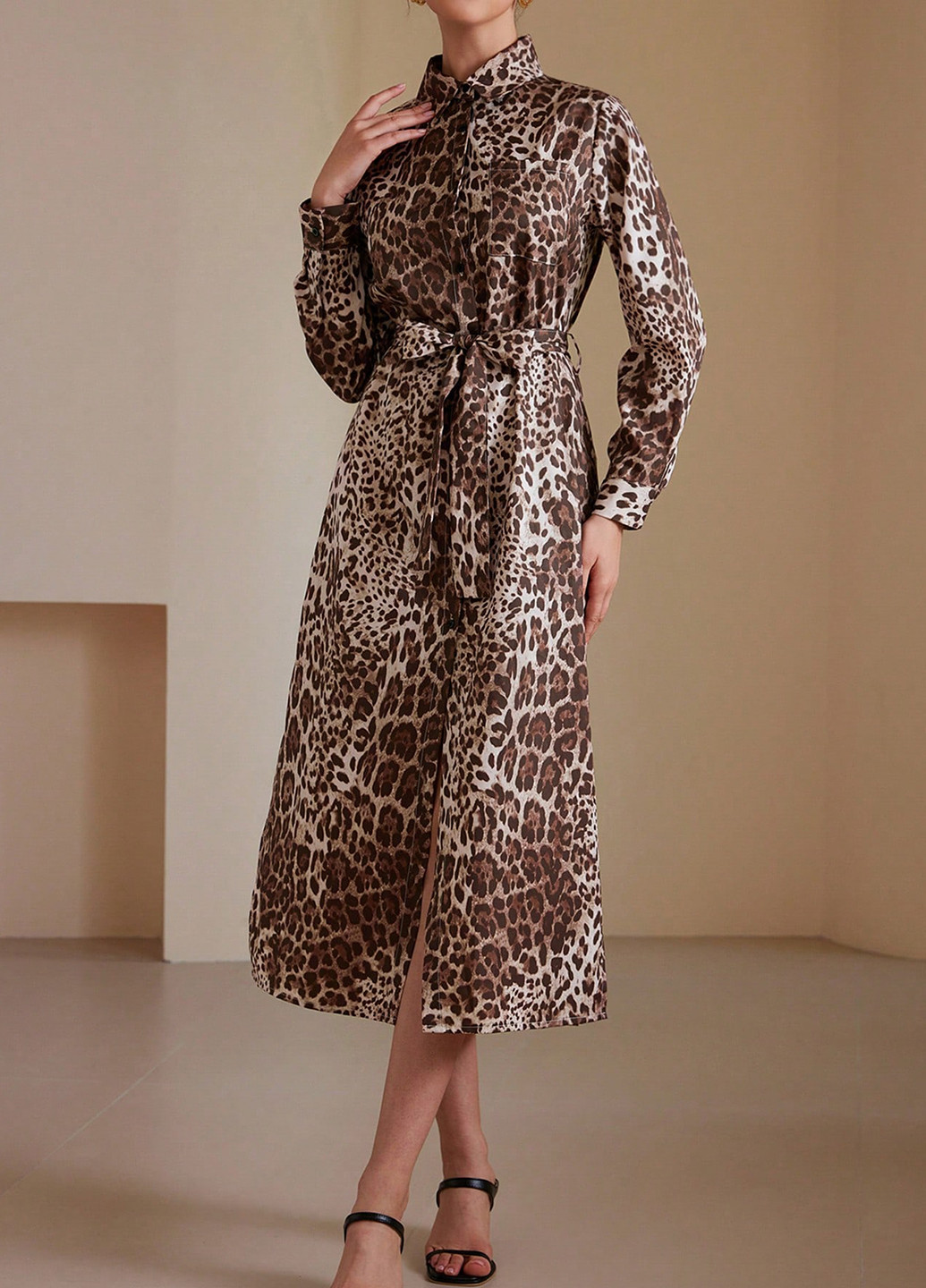 Коричневое праздничный, вечернее, деловое, кэжуал платье а-силуэт, рубашка SHEIN леопардовый