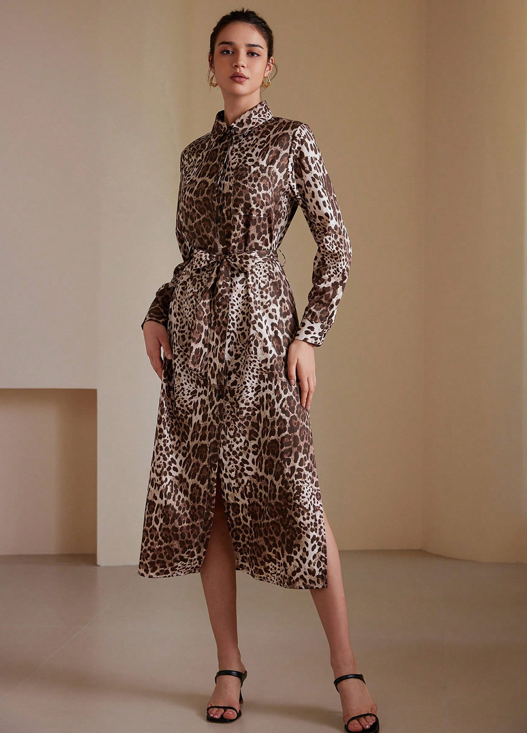 Коричневое праздничный, вечернее, деловое, кэжуал платье а-силуэт, рубашка SHEIN леопардовый