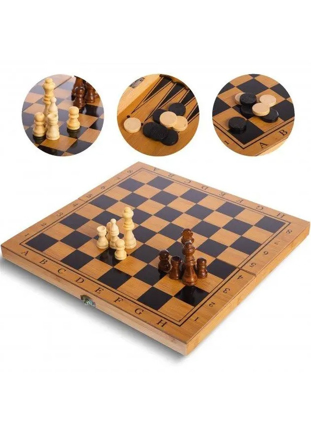 Набір 3 в 1 шахи, шашки, нарди з бамбука з дошкою 34 х 34 см No Brand (253742764)