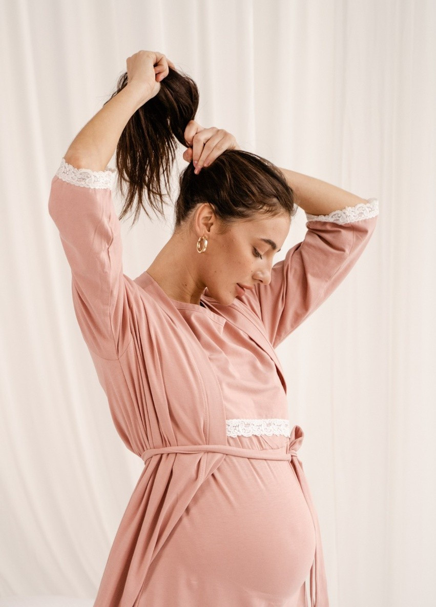 Пудровий демісезонний комплект для вагітних та годуючих - халат + нічна сорочка пудровий To Be