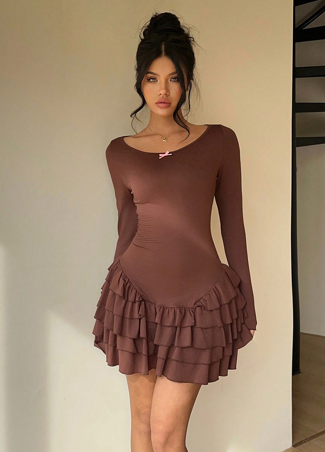 Кавова кежуал сукня з пишною спідницею SHEIN однотонна