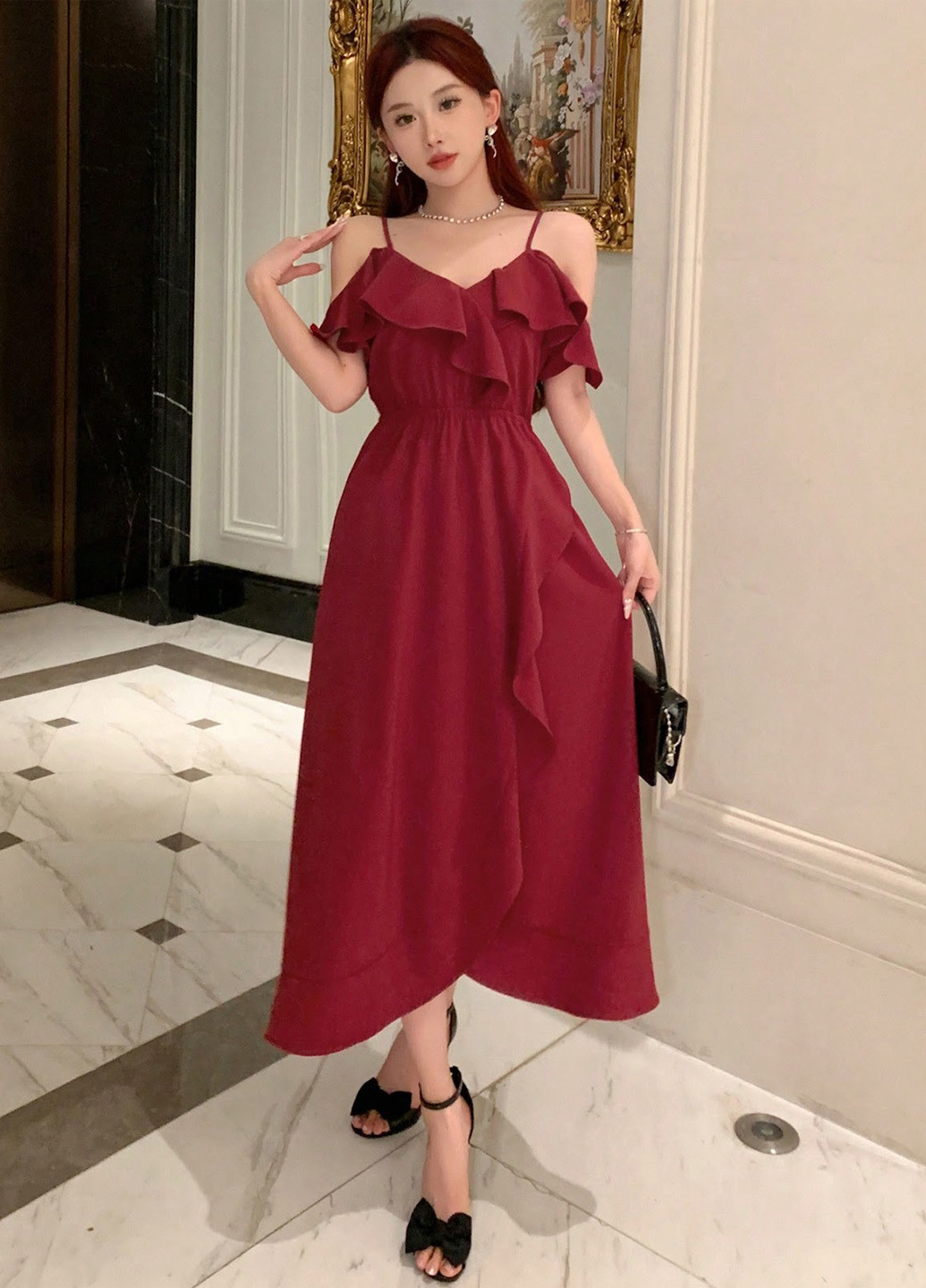 Червона вечірня сукня з відкритими плечима SHEIN однотонна