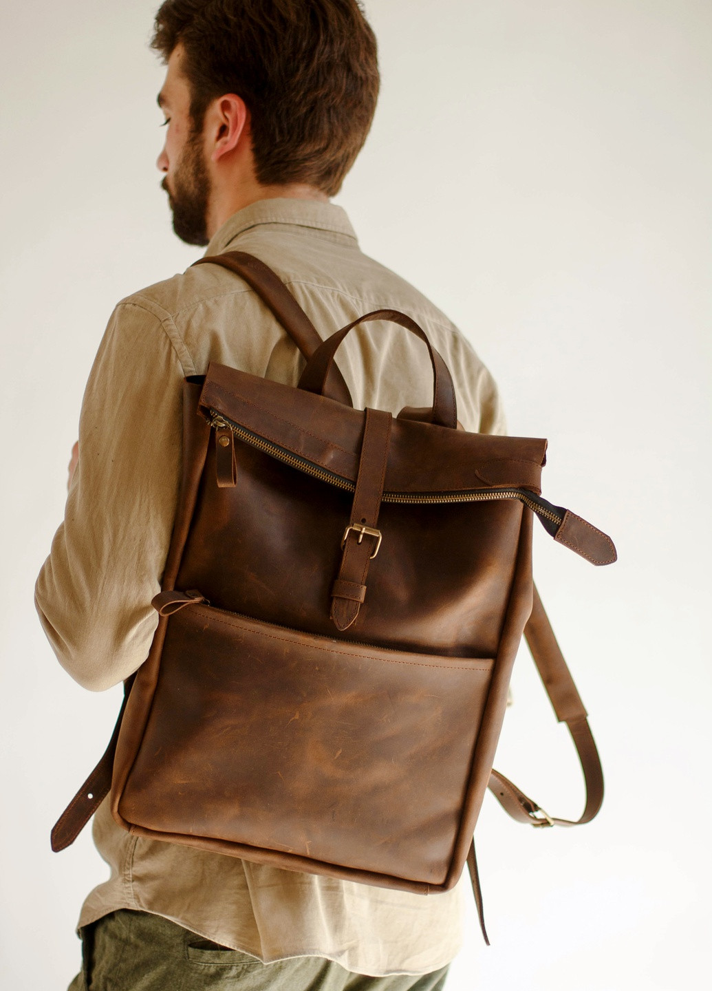 Місткий чоловічий міський рюкзак ручної роботи з натуральної вінтажної шкіри коричневого кольору Boorbon (253351902)