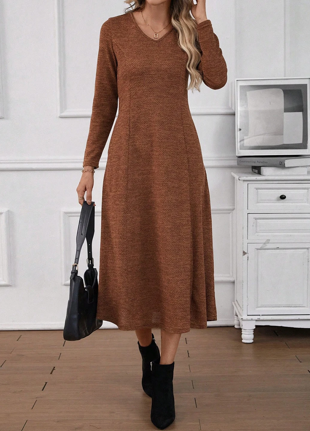 Коричневое кэжуал платье а-силуэт SHEIN меланжевое
