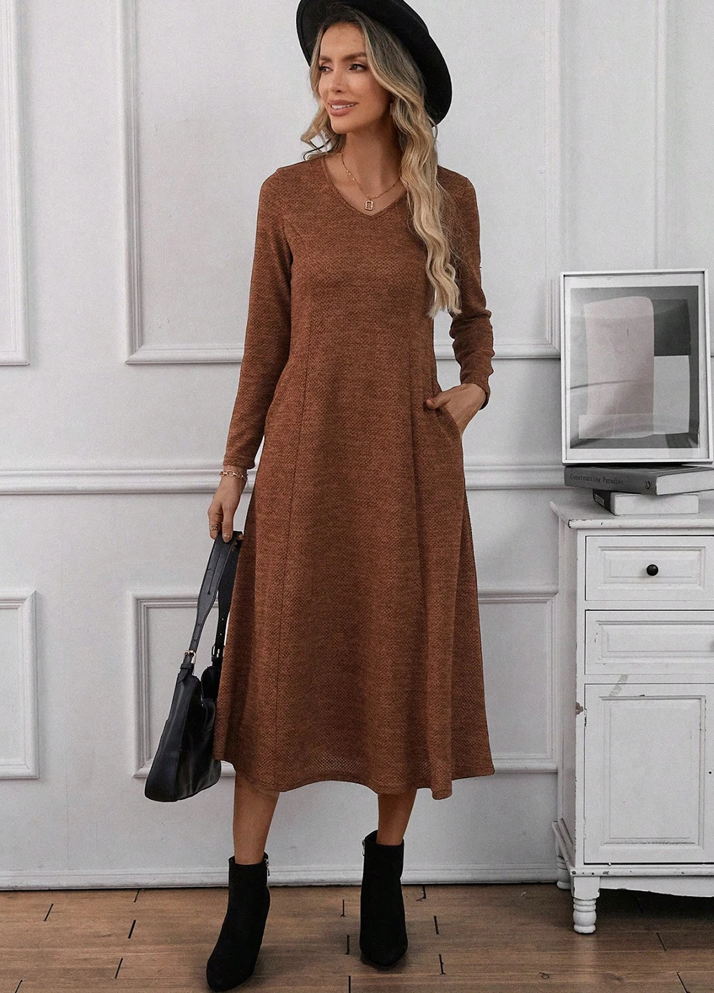 Коричневое кэжуал платье а-силуэт SHEIN меланжевое