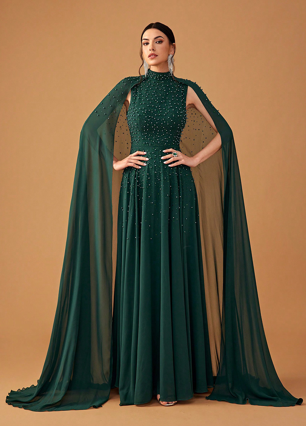 Темно-зеленое вечернее платье клеш, платье-кейп SHEIN однотонное