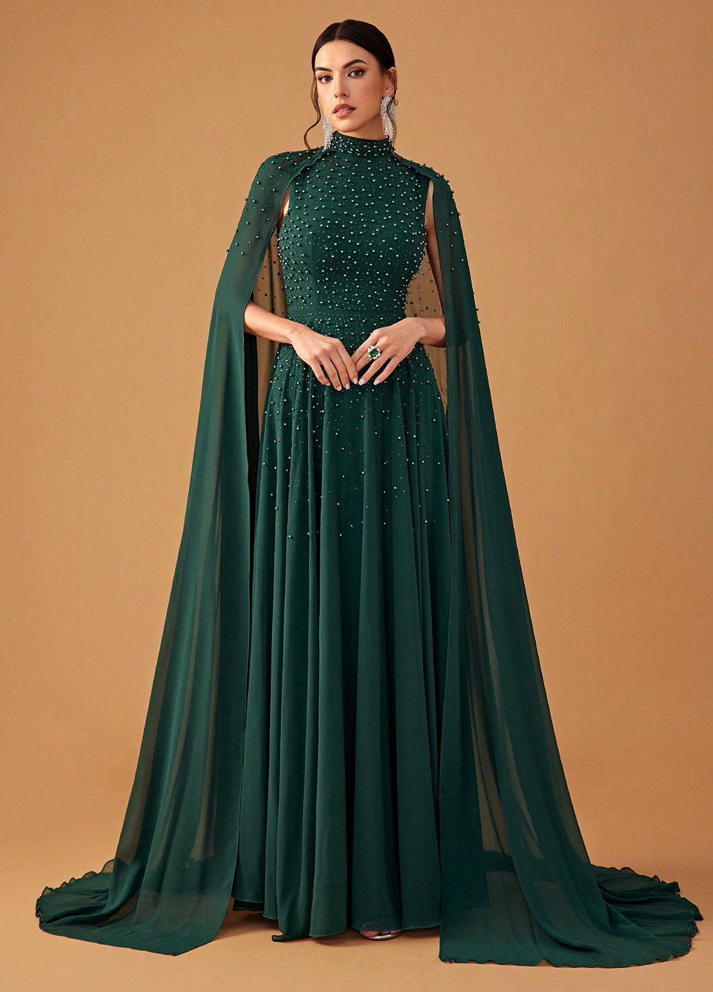 Темно-зеленое вечернее платье клеш, платье-кейп SHEIN однотонное