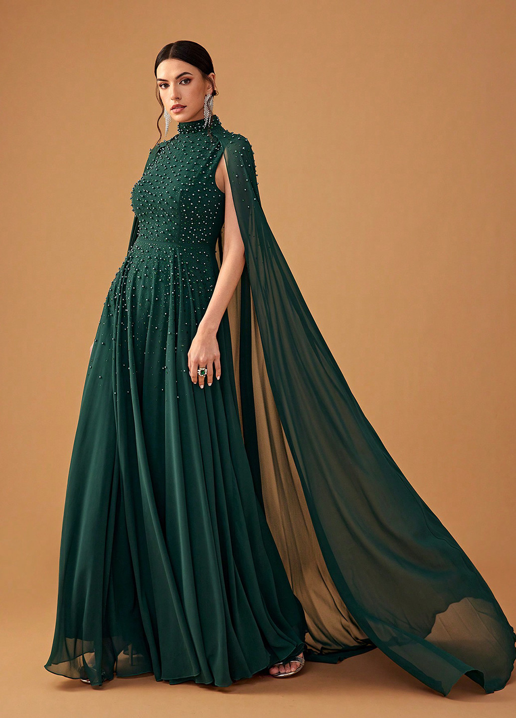 Темно-зеленое вечернее платье клеш, платье-кейп SHEIN однотонное