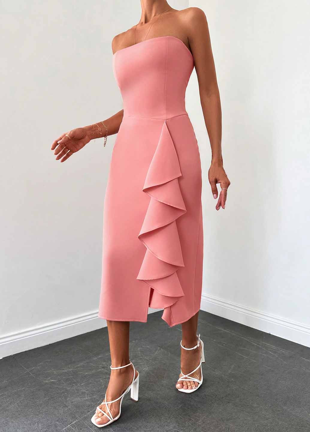 Рожева коктейльна, вечірня сукня з відкритими плечима SHEIN однотонна