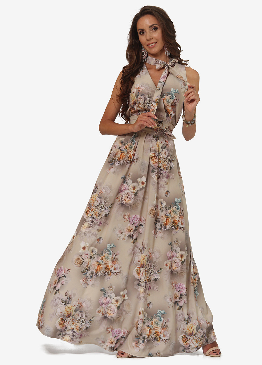 Бежевое кэжуал платье а-силуэт Lila Kass с цветочным принтом