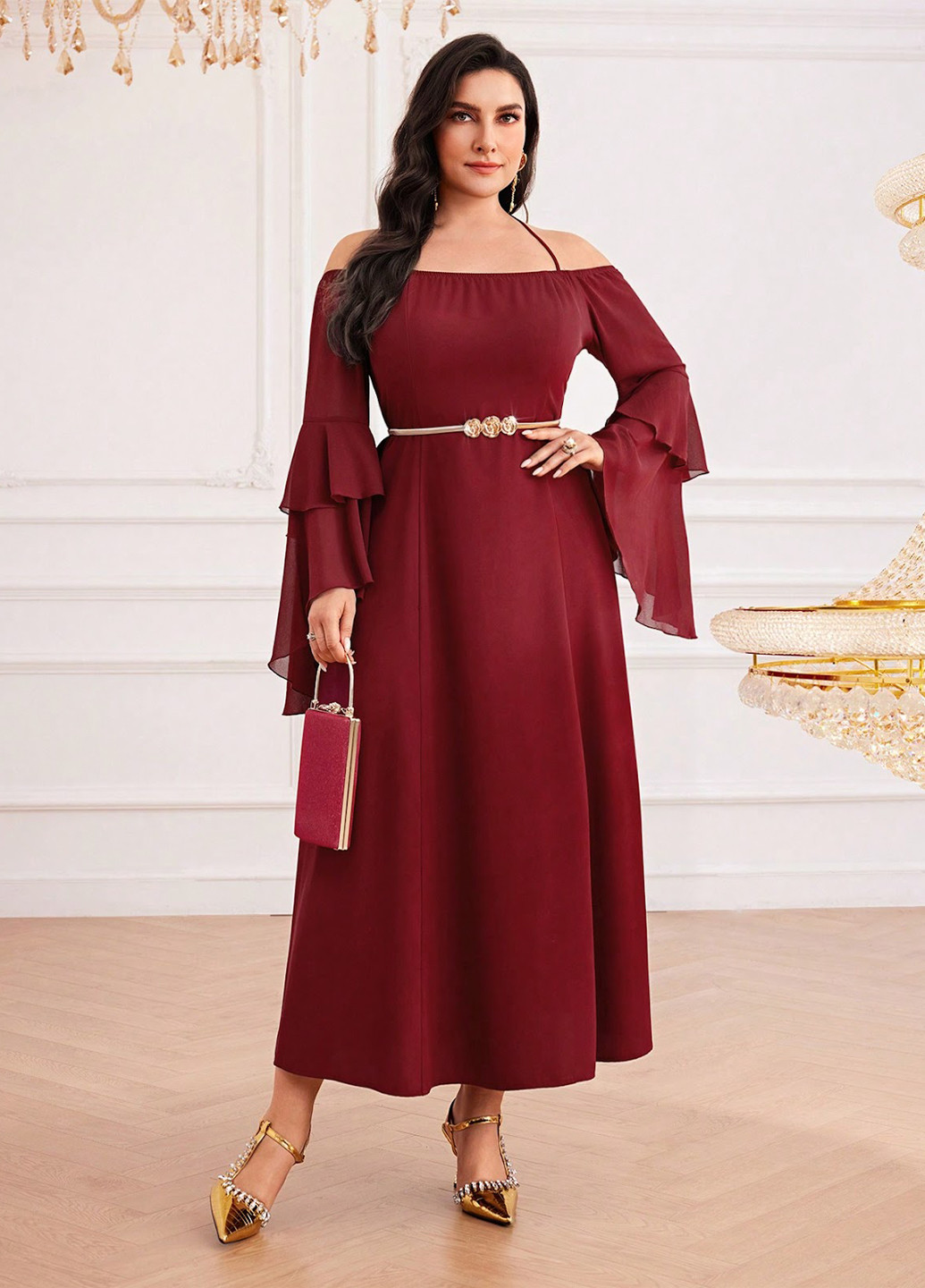 Бордовое вечернее платье с открытыми плечами SHEIN однотонное