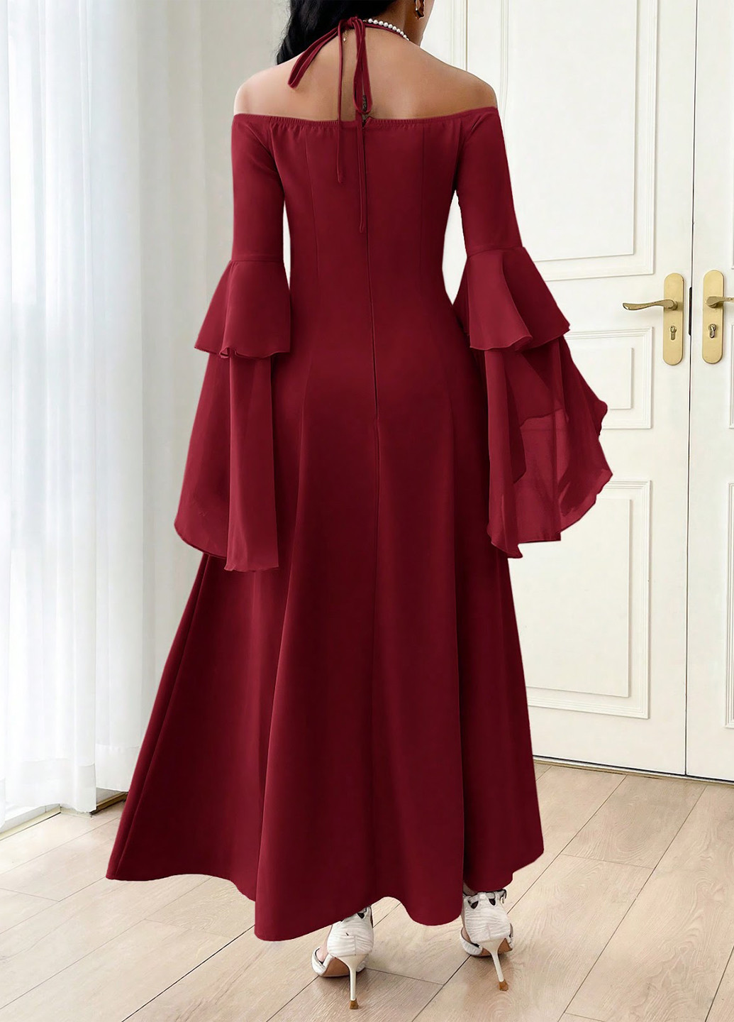 Бордовое вечернее платье с открытыми плечами SHEIN однотонное