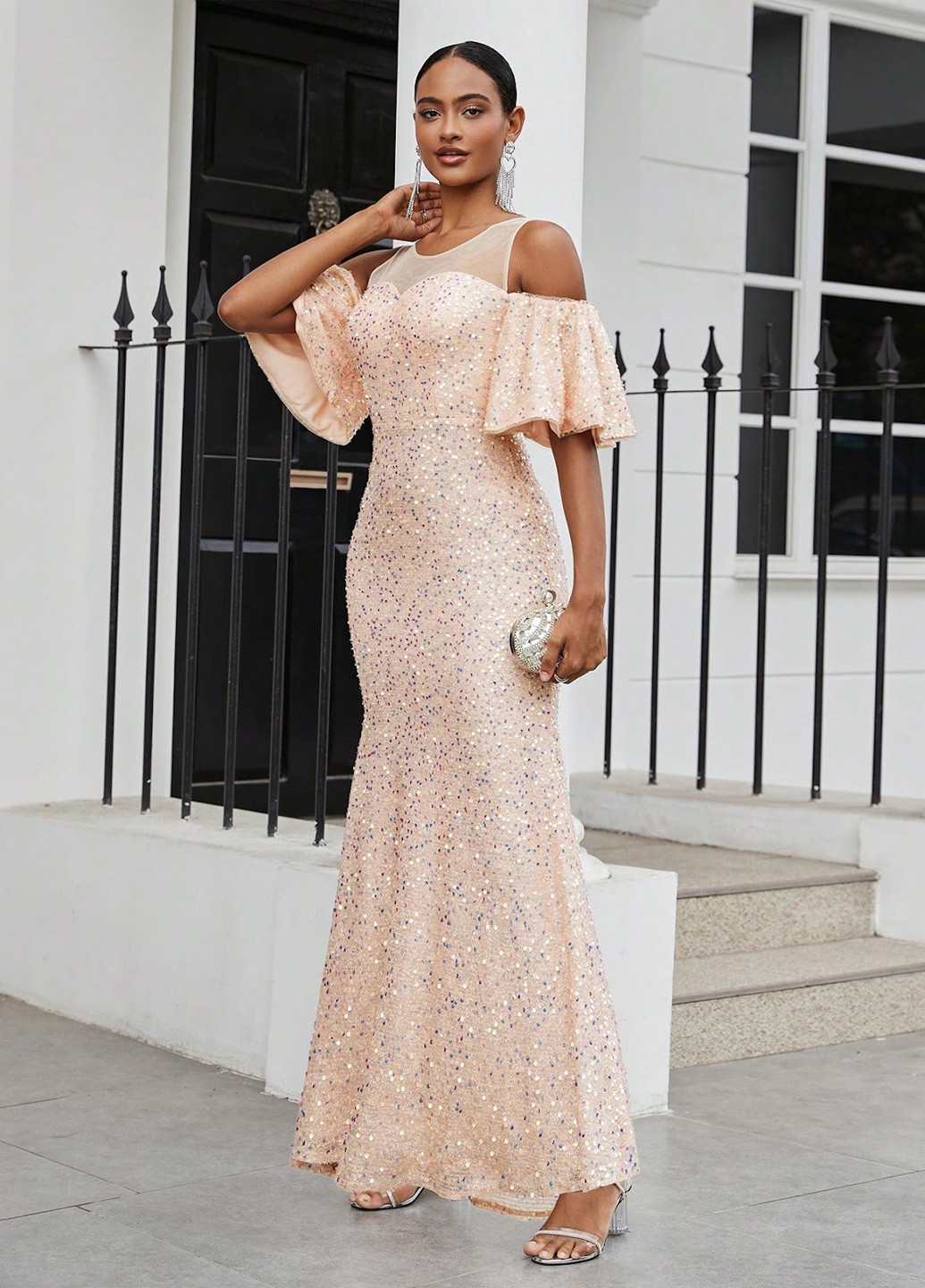 Кремова вечірня сукня годе, з відкритими плечима SHEIN однотонна