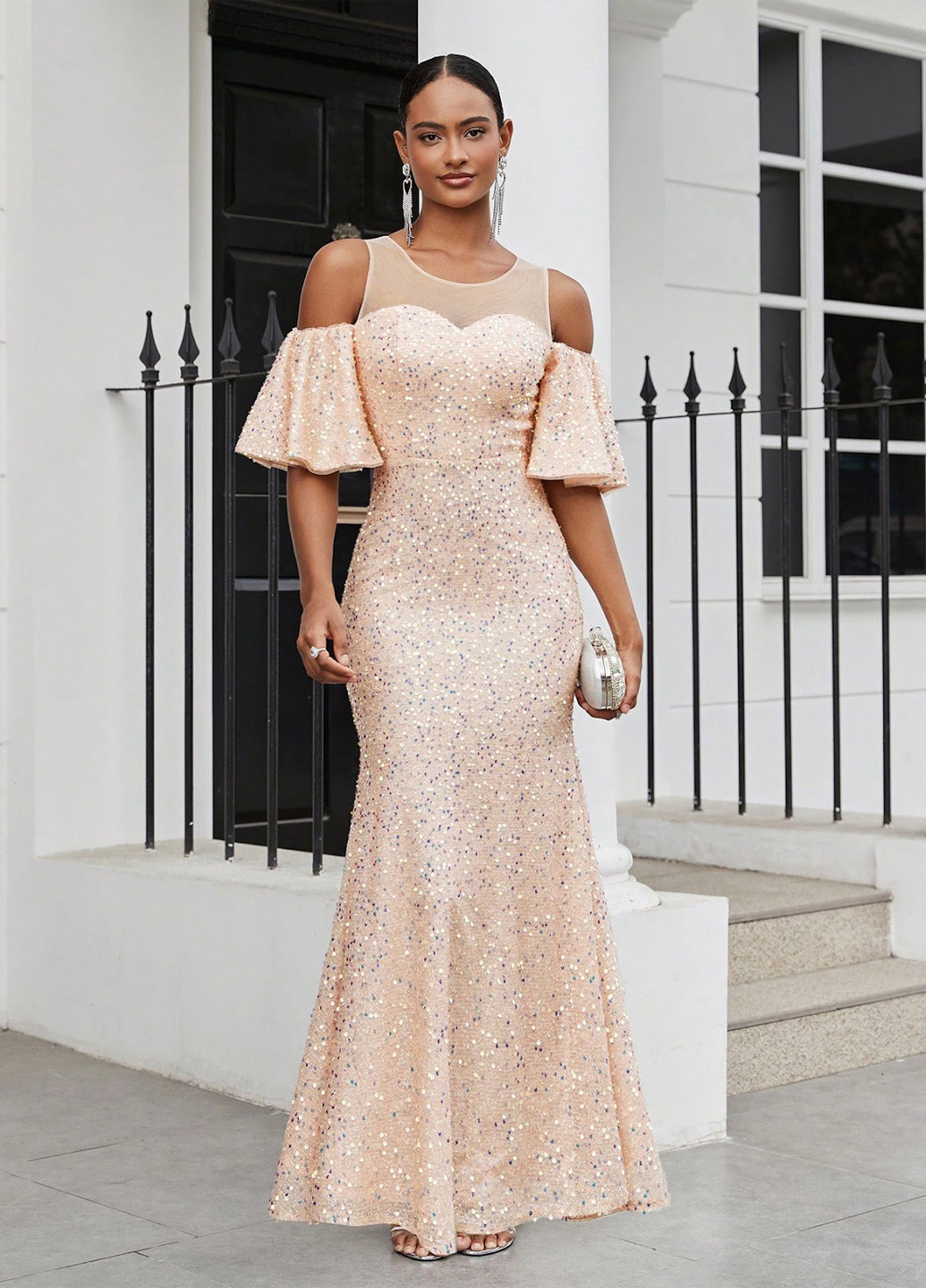 Кремова вечірня сукня годе, з відкритими плечима SHEIN однотонна