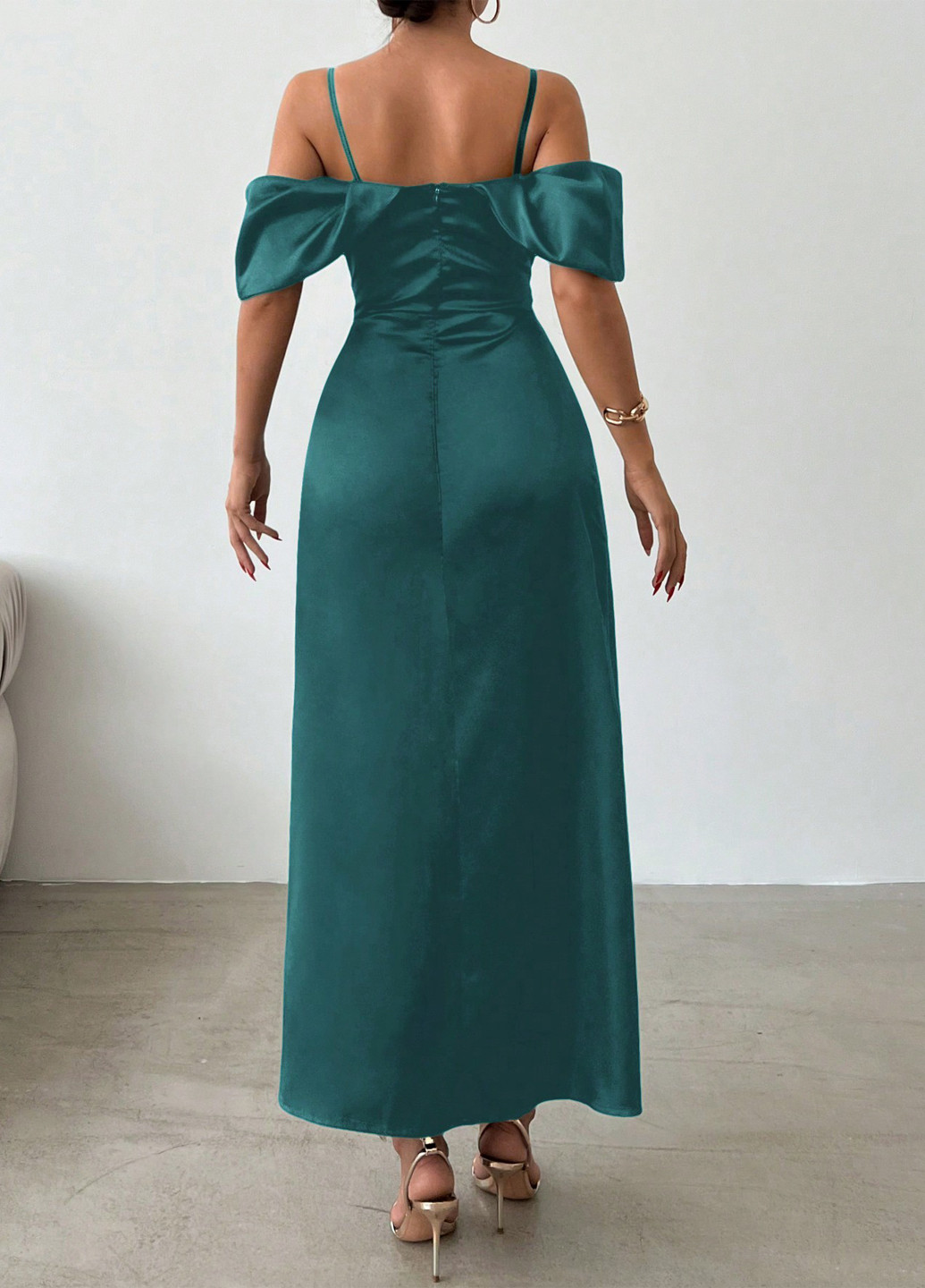 Морской волны вечернее платье с открытыми плечами SHEIN однотонное