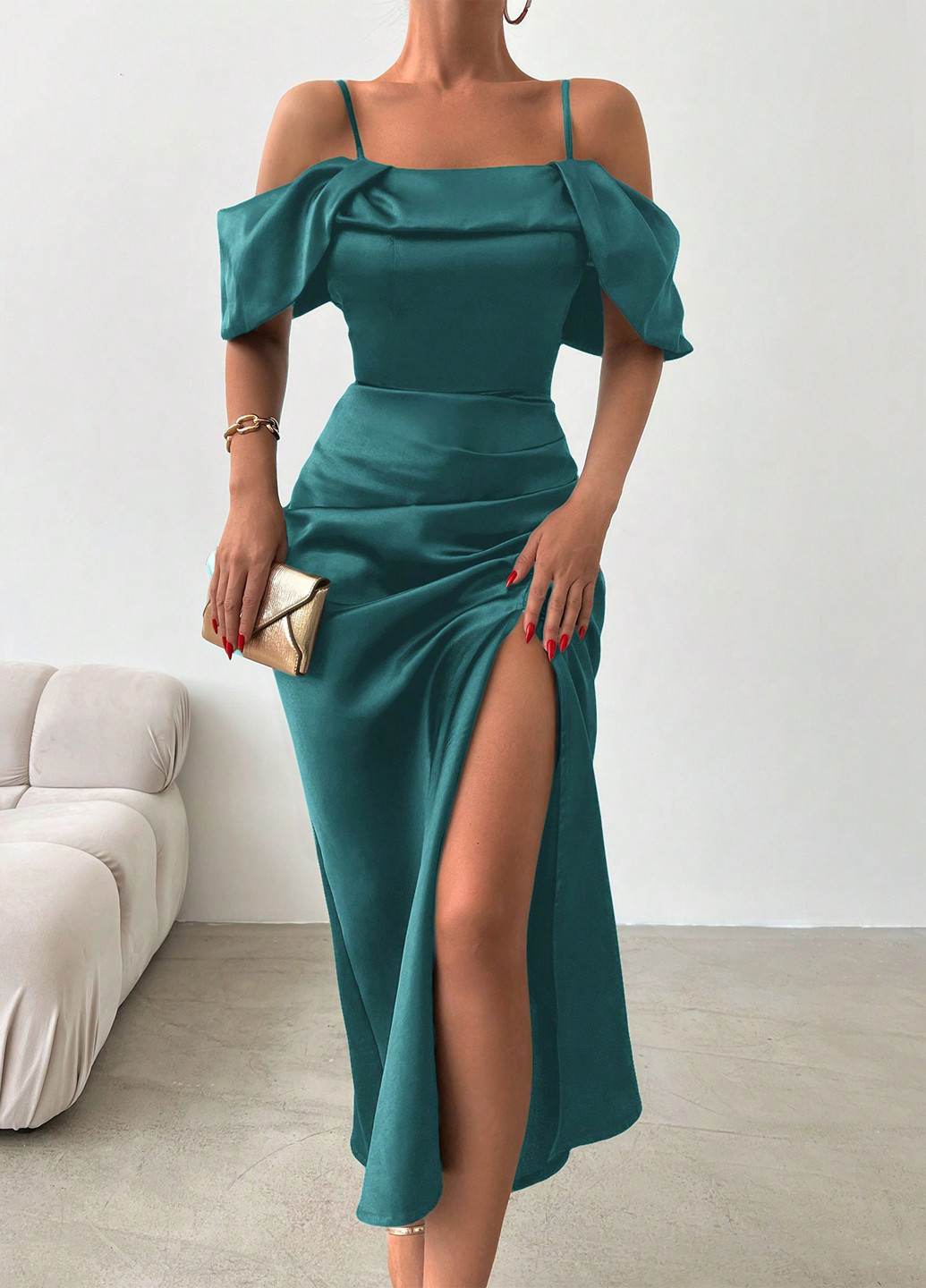 Морской волны вечернее платье с открытыми плечами SHEIN однотонное