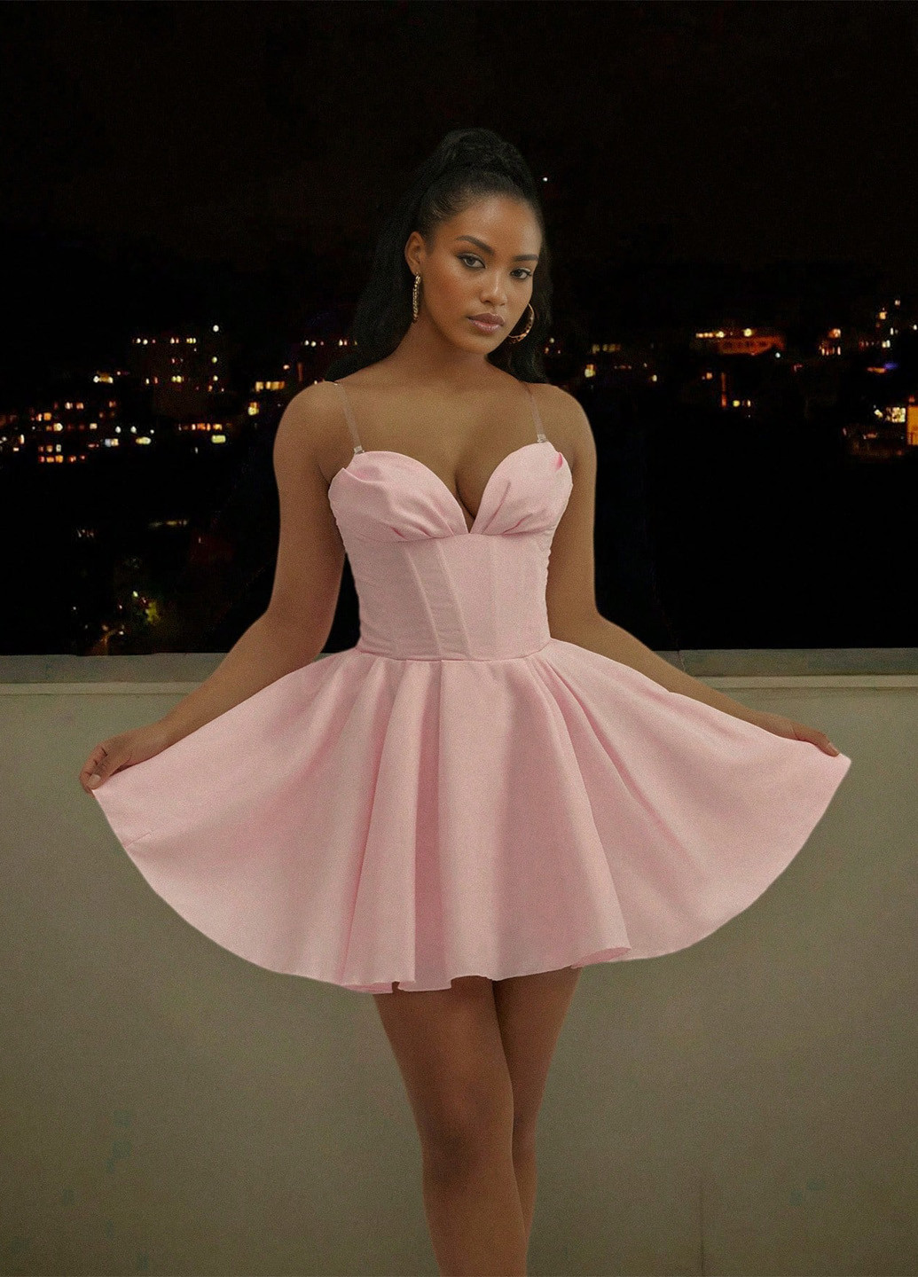 Розовое коктейльное платье с юбкой-солнце, с корсетом, с открытыми плечами, с открытой спиной SHEIN однотонное