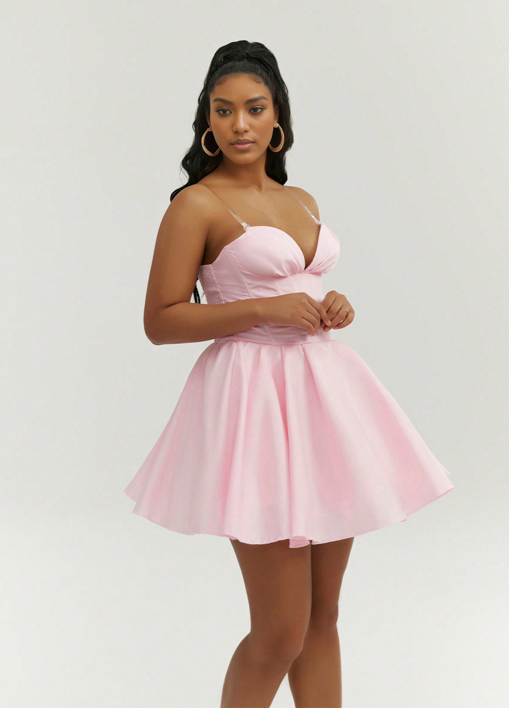 Розовое коктейльное платье с юбкой-солнце, с корсетом, с открытыми плечами, с открытой спиной SHEIN однотонное
