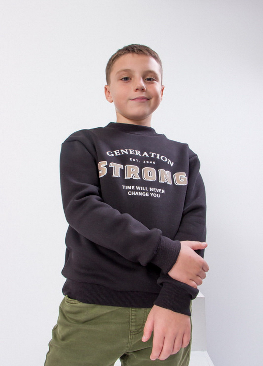 KINDER MODE свитшот для мальчика (подростковый) однотонный черный спортивный хлопок